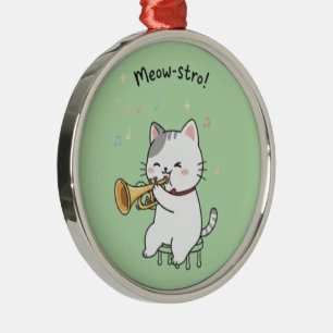 Funny Trumpet Cat – Cute Feline Jazz Metal Ornament