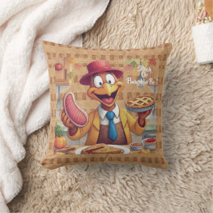 Funny Turkey Chef in action,Thanksgiving Throw Pillow