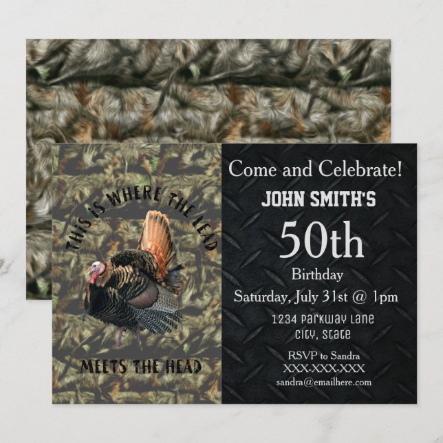 Funny Turkey Hunting Men's Camo Birthday Invitation (Front/Back)
