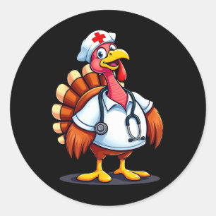 Funny Turkey Nurse Cartoon Thanksgiving Nurses Classic Round Sticker