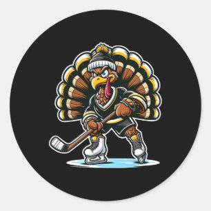 Funny Turkey Playing Ice Hockey Thanksgiving Sport Classic Round Sticker