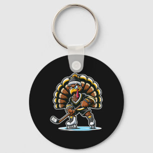 Funny Turkey Playing Ice Hockey Thanksgiving Sport Keychain