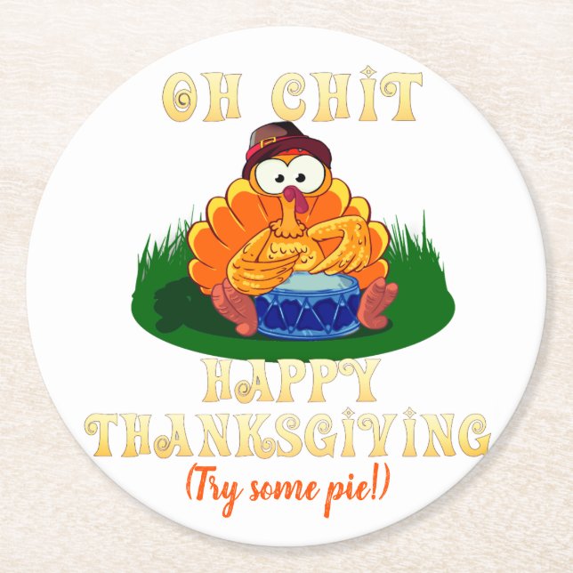 Funny Turkey Realizes It's Thanksgiving!  Round Paper Coaster (Front)