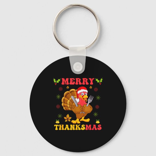 Funny Turkey Santa Merry Thanksmas Christmas Thank Keychain (Front)