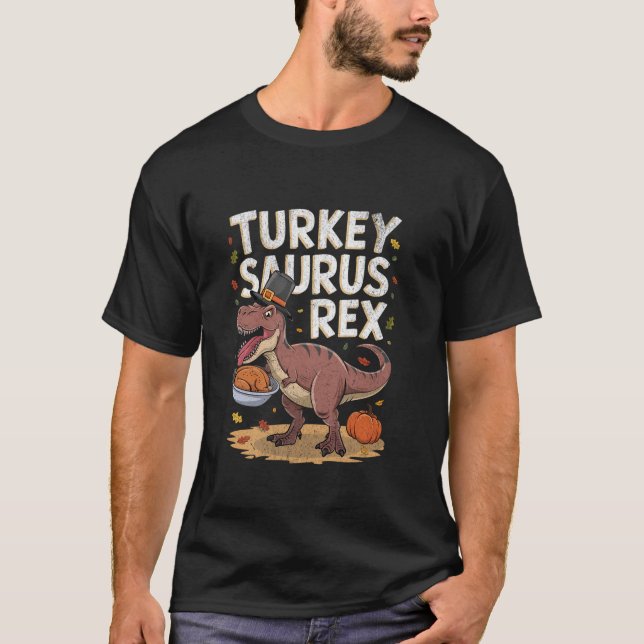 Funny Turkey Saurus Rex Thanksgiving Fall T Shirt (Front)