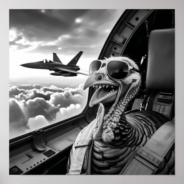 Funny Turkey Selfie Black & White Poster (Front)