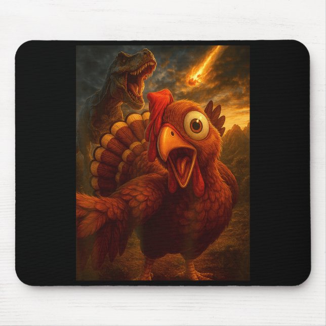 Funny Turkey Selfie With Dinosaur And Meteor Acaly Mouse Pad (Front)