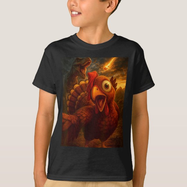 Funny Turkey Selfie With Dinosaur And Meteor Acaly T-Shirt (Front)