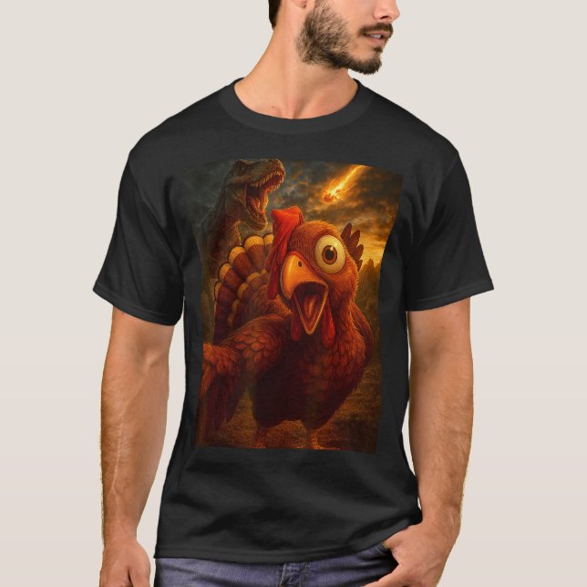 Funny Turkey Selfie With Dinosaur And Meteor Acaly T-Shirt (Front)