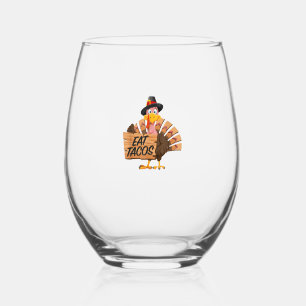 Funny Turkey Thanksgiving Eat Tacos Vegan Pilgrim Stemless Wine Glass