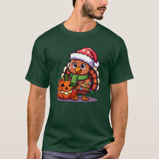 Funny Turkey with Pumpkin Wrapped in Lights Thanks T-Shirt