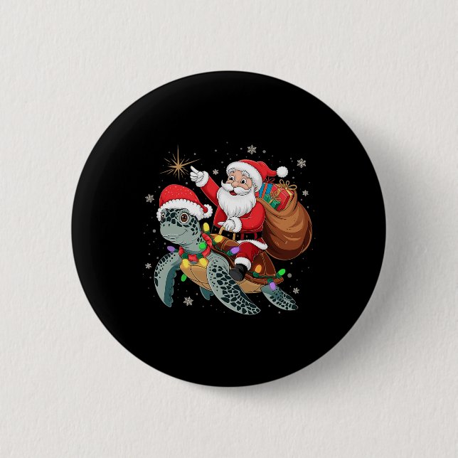 Funny Turtle Christmas Santa Riding Sea Turtle Xma 2 Inch Round Button (Front)
