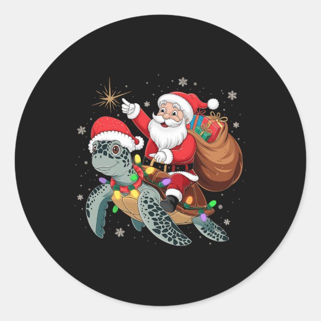Funny Turtle Christmas Santa Riding Sea Turtle Xma Classic Round Sticker (Front)