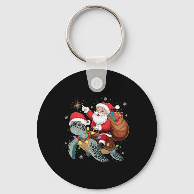 Funny Turtle Christmas Santa Riding Sea Turtle Xma Keychain (Front)