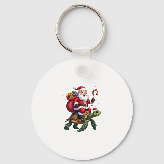 Funny Turtle Christmas Santa Riding Sea Turtle Xma Keychain (Front)
