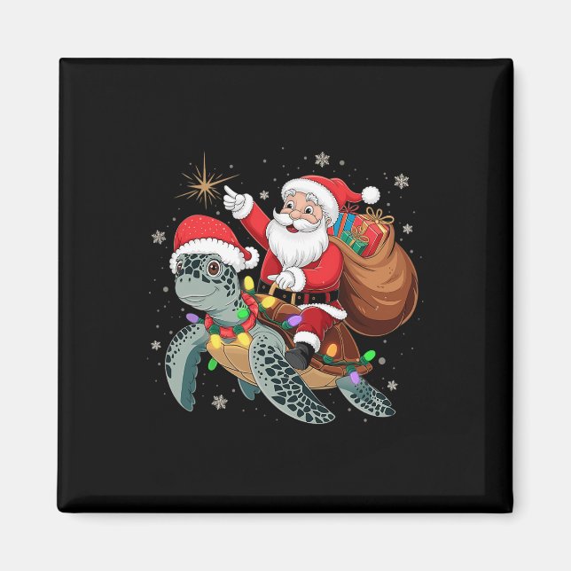 Funny Turtle Christmas Santa Riding Sea Turtle Xma Magnet (Front)