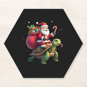 Funny Turtle Christmas Santa Riding Sea Turtle Xma Paper Coaster