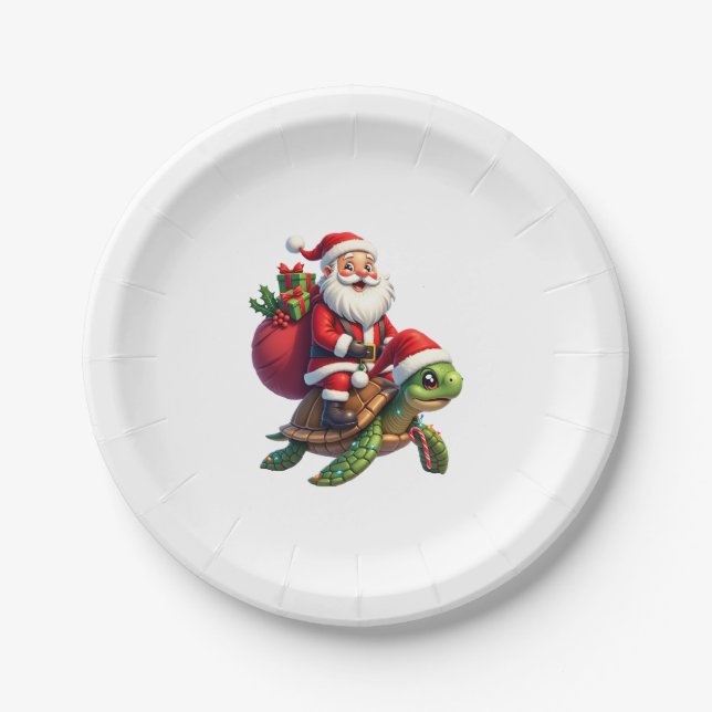 Funny Turtle Christmas Santa Riding Sea Turtle Xma Paper Plate (Front)