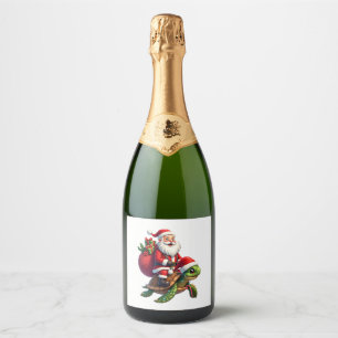Funny Turtle Christmas Santa Riding Sea Turtle Xma Sparkling Wine Label