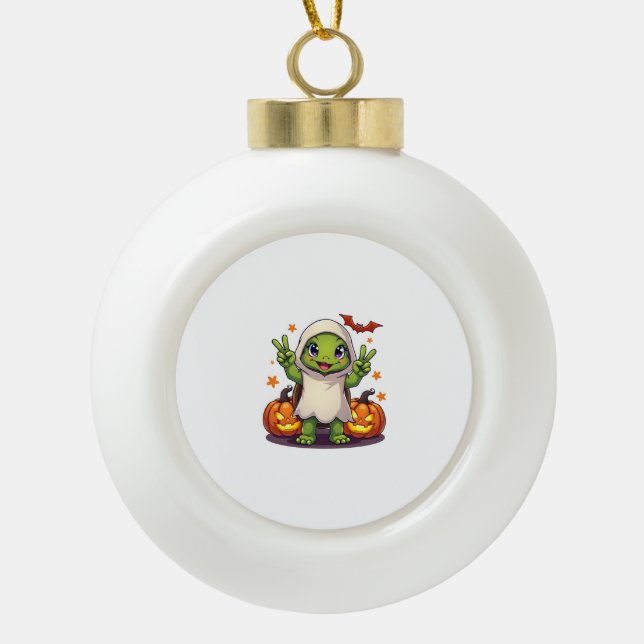 Funny Turtle Ghost Pumpkin Boo Halloween Kids Mens Ceramic Ball Christmas Ornament (Front)