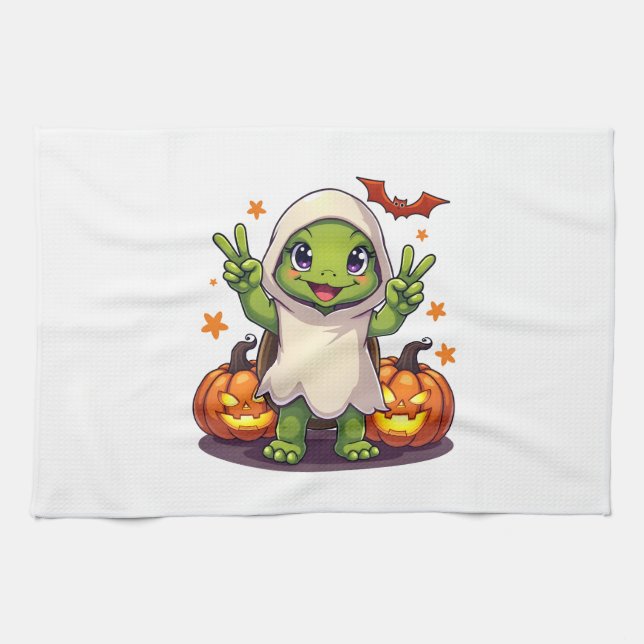 Funny Turtle Ghost Pumpkin Boo Halloween Kids Mens Kitchen Towel (Horizontal)