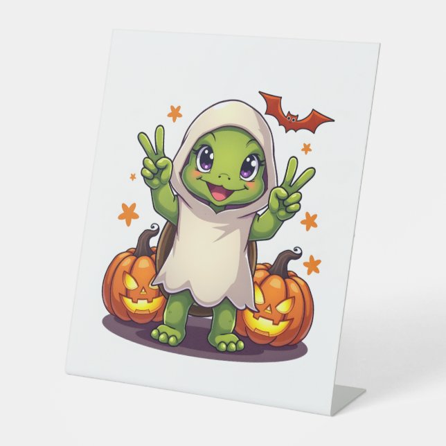 Funny Turtle Ghost Pumpkin Boo Halloween Kids Mens Pedestal Sign (Front)