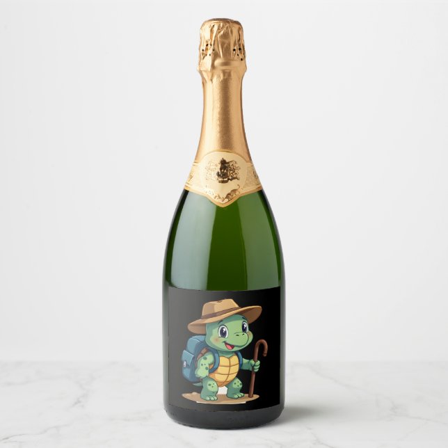 Funny Turtle Hiking Graphic Camping Lover Adventur Sparkling Wine Label (Front)