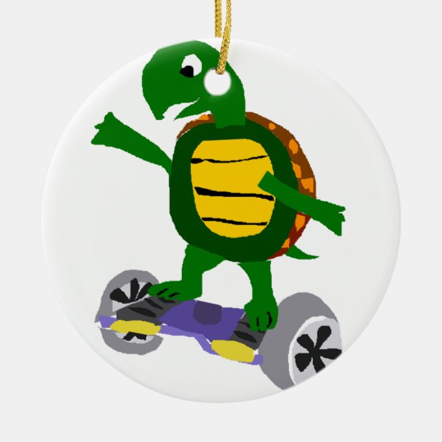 Funny Turtle on Hoverboard Original Art Ceramic Ornament (Front)