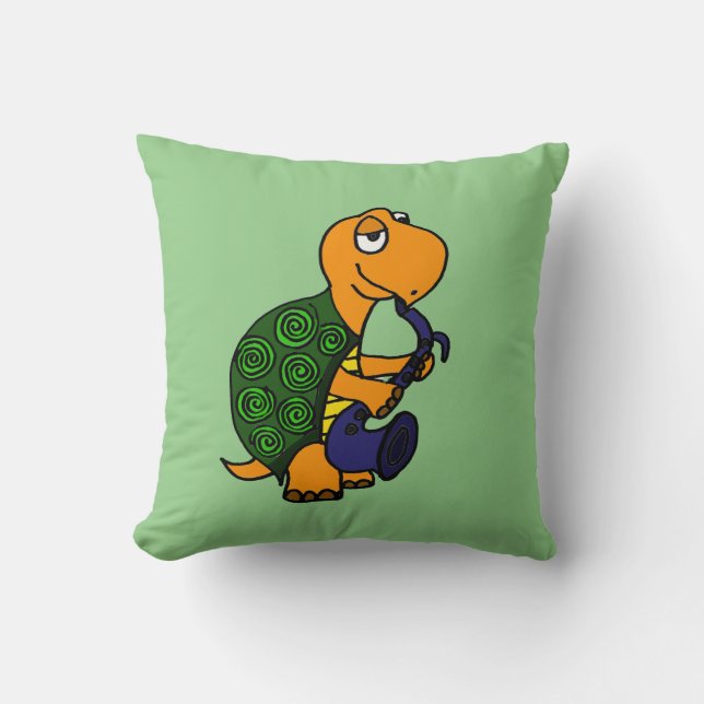 Funny Turtle Playing the Saxophone Throw Pillow (Front)
