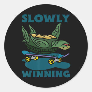 Funny Turtle Skateboarding Slowly Winning Pun Classic Round Sticker