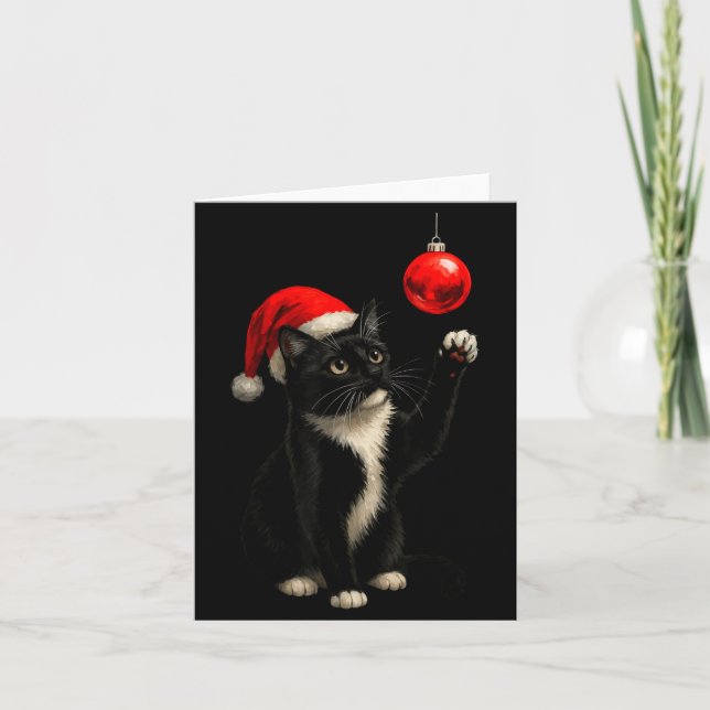 Funny Tuxedo Bauble Cat Santa Hat Red Xmas Christm Card (Front)