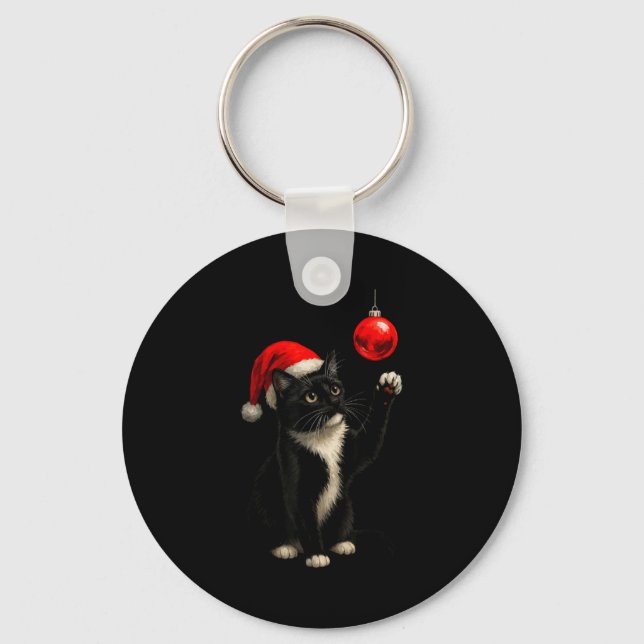 Funny Tuxedo Bauble Cat Santa Hat Red Xmas Christm Keychain (Front)