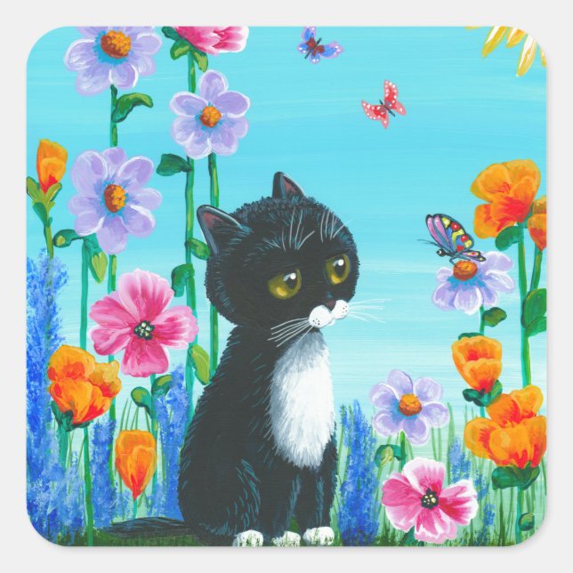 Funny Tuxedo Cat Butterflies Creationarts Square Sticker (Front)