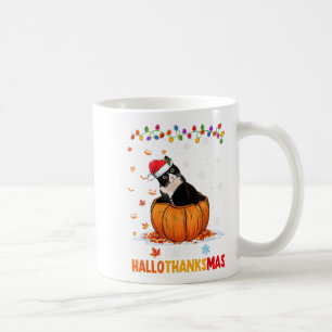 Funny Tuxedo Cat On Pumpkin Happy Hallothanksmas M Coffee Mug