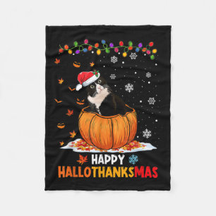 Funny Tuxedo Cat On Pumpkin Happy Hallothanksmas M Fleece Blanket