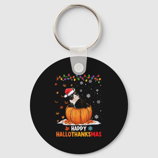 Funny Tuxedo Cat On Pumpkin Happy Hallothanksmas M Keychain (Front)