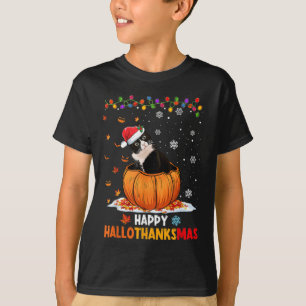 Funny Tuxedo Cat On Pumpkin Happy Hallothanksmas M T-Shirt