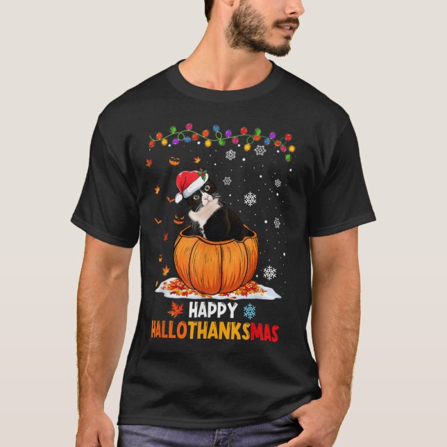 Funny Tuxedo Cat On Pumpkin Happy Hallothanksmas M T-Shirt (Front)