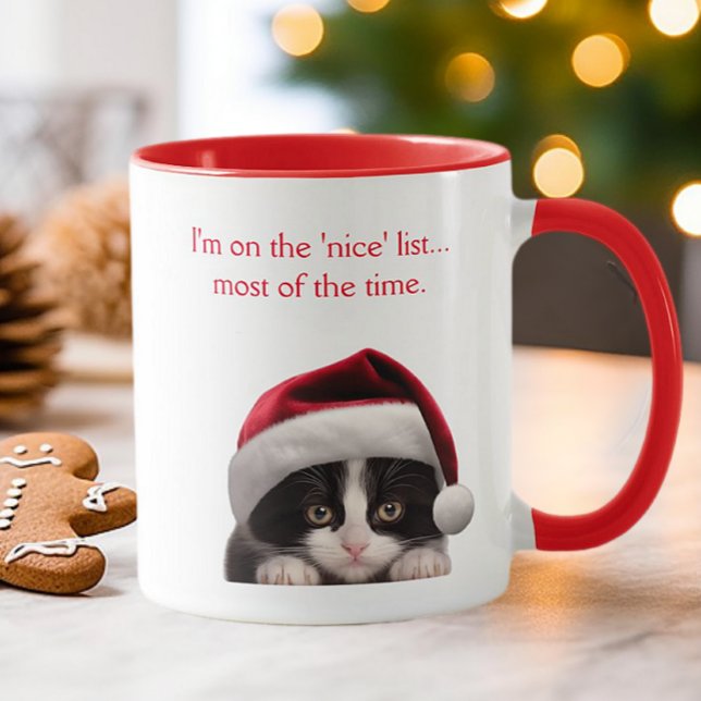Funny Tuxedo Cat Santa Hat Nice List Personalized  Mug (Creator Uploaded)