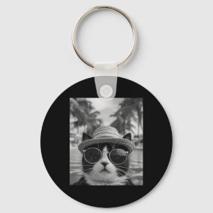 Funny Tuxedo Cat Selfie Cat Summer Vacation Keychain