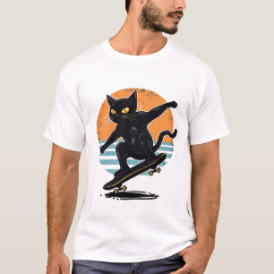 Funny Tuxedo Cat Skateboarder in Sneakers Retro T-Shirt