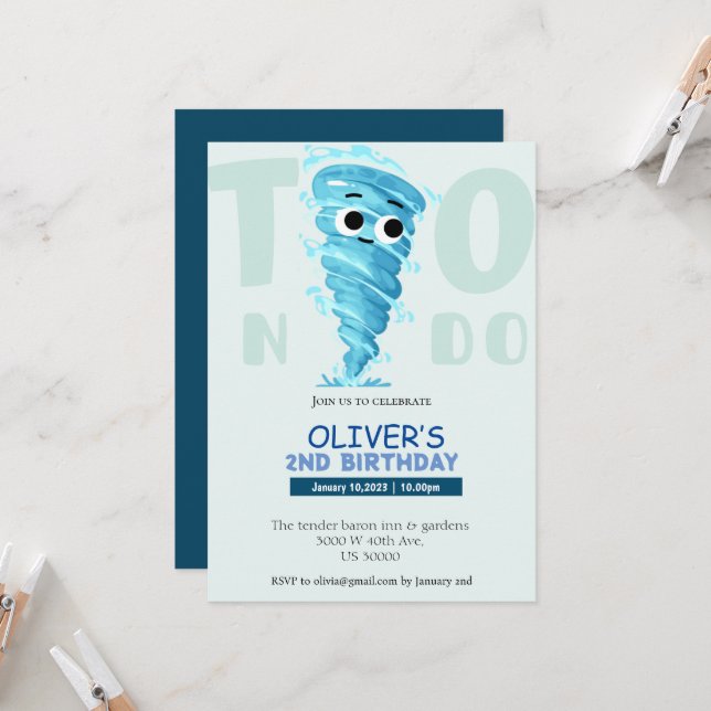 Funny two nado boy 2nd birthday invitation  (Front/Back In Situ)