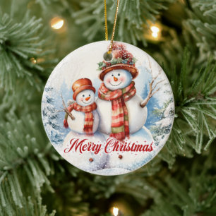 Funny two watercolor snowman in the snow ceramic ornament