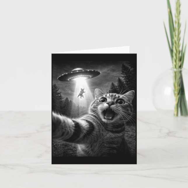 Funny UFO Cat Selfie Alien Abduction Graphic Gift Card (Front)