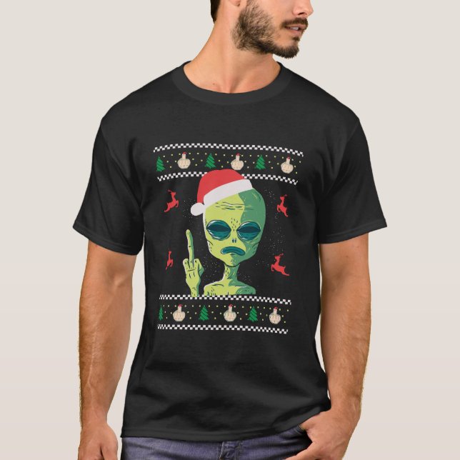 Funny Ugly Christmas Apparel Aliens Middle Finger  T-Shirt (Front)