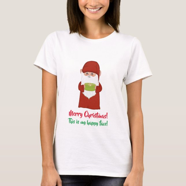 Funny Ugly Christmas Gnome Dressed in Red on White T-Shirt (Front)