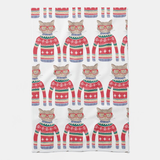 Funny Ugly Christmas Sweater, Cut Cat Lover Kitchen Towel (Vertical)