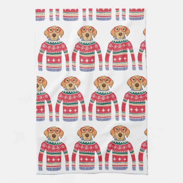 Funny Ugly Christmas Sweater, Dog Wearing Glasses Kitchen Towel (Vertical)