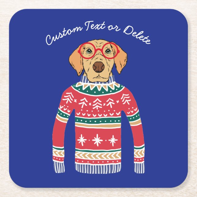 Funny Ugly Christmas Sweater, Dog Wearing Glasses Square Paper Coaster (Front)