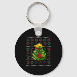 Funny Ugly Christmas Sweater Xmas Tree Trump Hair  Keychain